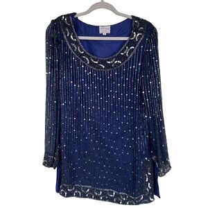 VTG 70s Stenay Navy Blue Beaded Sequins Silk Blouse Tunic Studio 54 Size 10